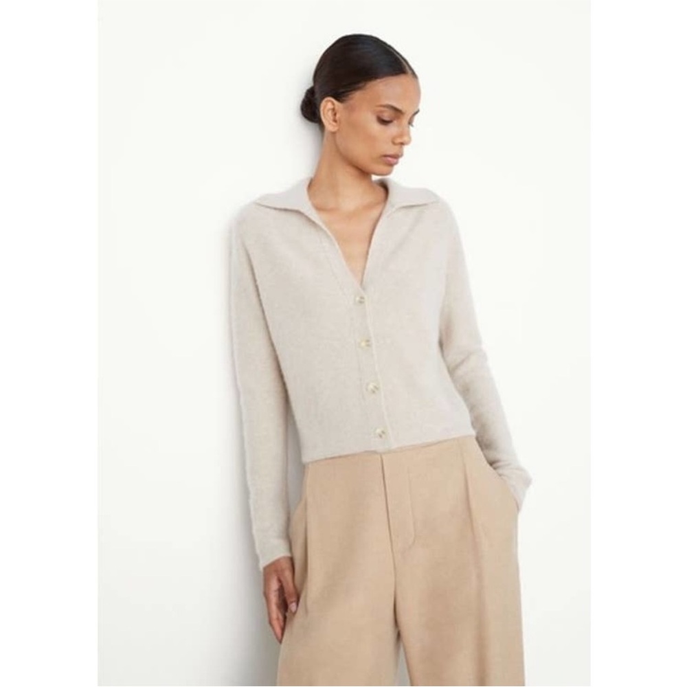 Vince‎ Plush Cashmere Polo Buttoned Cardigan Sweater Beige Womens Size XL